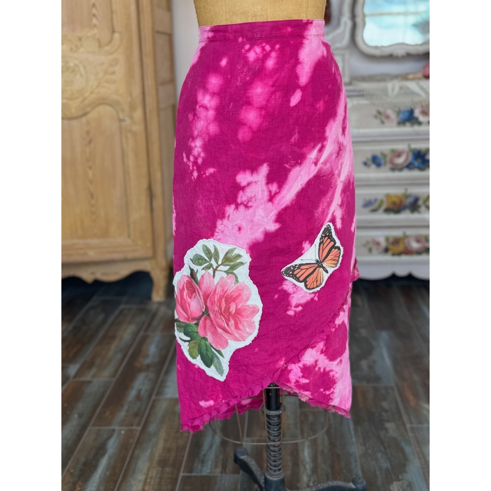 Upcycled Linen Skirt Pink‎ Bleached Floral Butterfly Boho Cottagecore Large